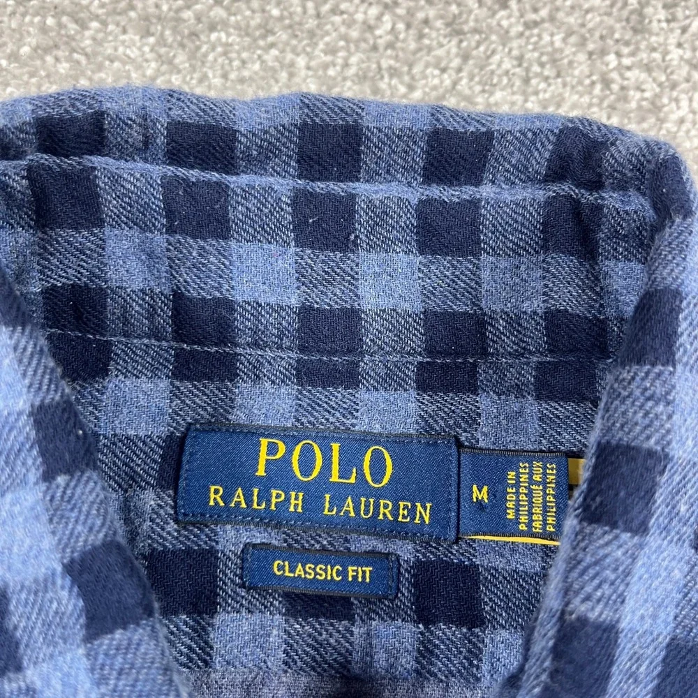 Polo Ralph Lauren Flannel‎ Shirt Mens Medium Buffalo Plaid Lightweight Blue